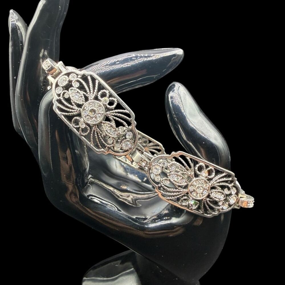 Vintage Monet Art Deco style Rhinestone Filigree Silver Bracelet